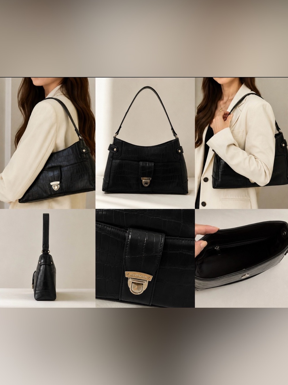 Black Croc-Embossed Shoulder Bag with Gold Hardware